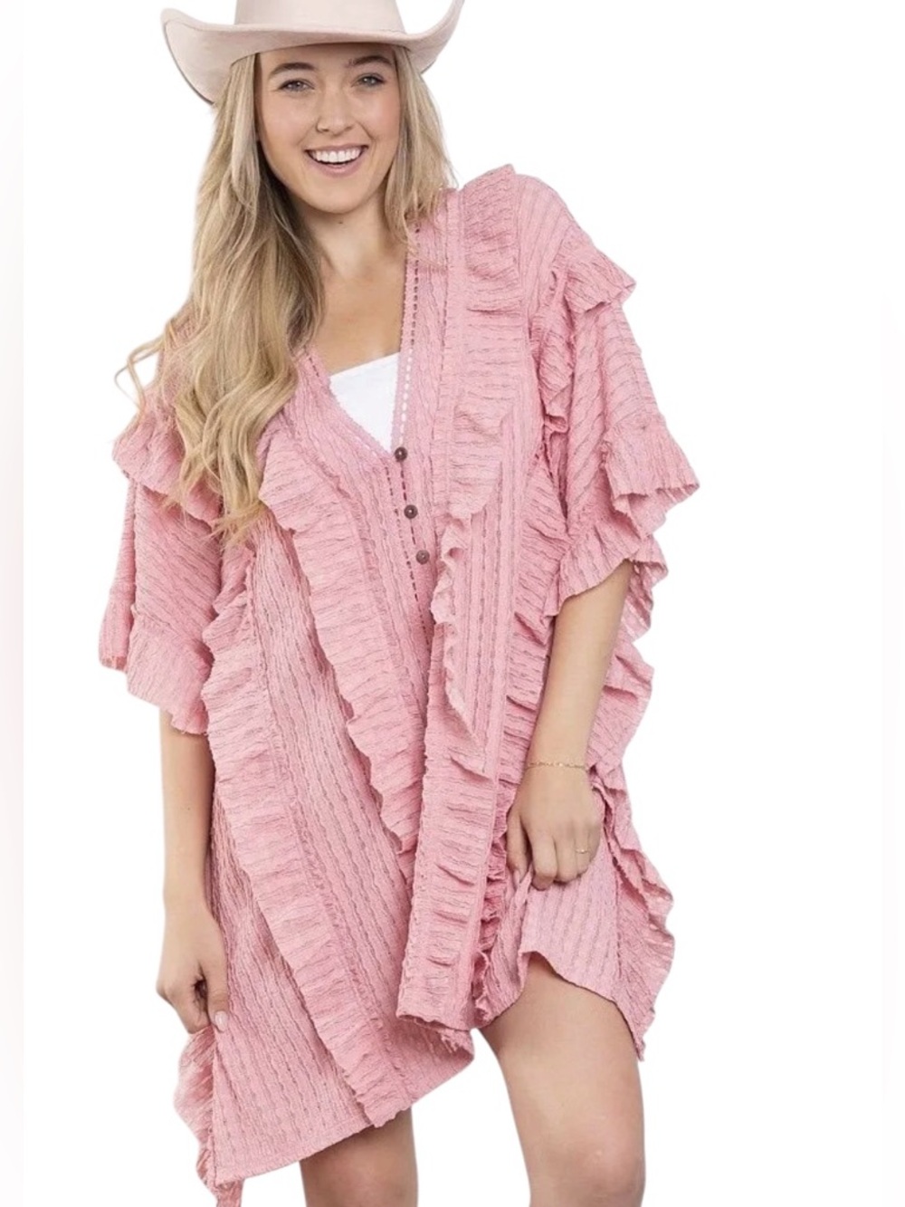 BlueVelvet L/ XL Pink Ruffled Knit Button Front Cardigan